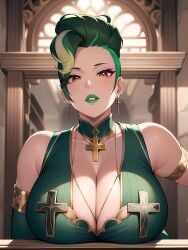 1girls ai_generated big_breasts breast_focus cathedral choker church church_interior cleavage clothed clothed_female cross cross_earrings cross_necklace desk earrings female female_focus female_only gold gold_(metal) gold_eyes gold_jewelry gold_trim green_clothing green_hair green_lips green_lipstick holy huge_breasts jewelry large_breasts lips looking_at_viewer looking_down looking_down_at_viewer religion religious_clothing sitting solo solo_female solo_focus thee_voiidness thick_lips yellow_eyes