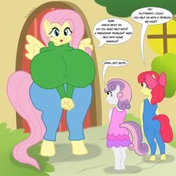 1girls 2futas age_difference anthro anthro_on_anthro apple_bloom_(mlp) big_breasts breasts busty clothed clothing comic cub curvy dialogue dickgirl dress female flaccid fluttershy_(mlp) friendship_is_magic fur furry futa_on_female futanari hair_on_head huge_breasts imminent_sex intersex large_breasts larger_female mature mature_female my_little_pony older_female overalls plantigrade size_difference smaller_futanari speech_bubble sweetie_belle_(mlp) thick_thighs threesome touhoufan voluptuous wide_hips young