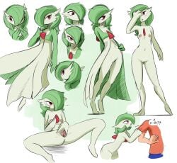 1boy begging bottomless breasts dress female gardevoir green_dress green_hair minuscule_task multiple_views pokemon pov presenting_pussy red_eyes spread_legs standing