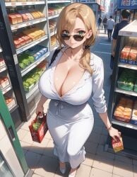 ai_generated blonde_hair cleavage dress historyia large_breasts original original_character ponytail smile street sunglasses the_summoned