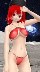 1girls 2023 3d_(artwork) belly_button bikini cosmic_background goddess hati_yukkuri_mmd headwear hecatia_lapislazuli legacy_of_lunatic_kingdom light-skinned_female looking_at_viewer midriff mikumikudance mmd moon outside red_bikini red_eyes red_hair_female short_hair_female smiling_at_viewer solo_female solo_focus space stars swimsuit touhou