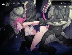 anthro bent_over big_breasts big_dom_small_sub captured crop_top cum cum_in_mouth cum_in_pussy cum_inside defeated doggy_style double_penetration fellatio female from_behind_position game_cg human interspecies larger_male lizard lizardman midriff motion_lines multiple_boys nipple_bulge overgrown:_genesis partially_submerged penis pink_hair prison_guard_position rape restrained scalie short_shorts shorts size_difference smaller_female spitroast standing standing_sex tank_top tongue wet wet_clothes wrist_grab