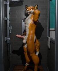 3d anthro balls bathroom canid canine epic_games fennix_(fortnite) fortnite fox furry humanoid_penis looking_at_viewer male_only mammal nude orange_eyes orange_fur penis shower solo tongue true_fox