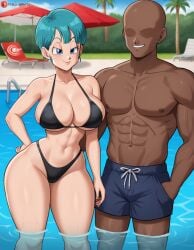 1girls ai_generated big_breasts bikini blue_eyes blue_hair bulma_briefs dark-skinned_male dragon_ball dragon_ball_z imminent_sex interracial muscular_male nice_ass pool voloeil