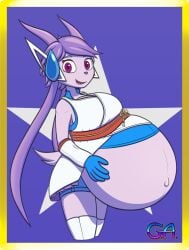 1girls anthro belly belly_button belt big_belly clothed dragon dress earpiece freedom_planet freedom_planet_2 galaxytrail gloves gratisaritor hand_on_belly headgear hi_res horns leggings looking_at_viewer outie_navel ponytail pregnant pregnant_belly pregnant_female purple_eyes purple_hair purple_skin sash_lilac short_hair shorts simple_background sleeveless smile twintails watermark wrist_cuffs