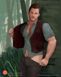 celebrity chris_pratt gabo_artist hairy_chest jurassic_world male male_only muscle outdoors owen_grady solo undressing vest