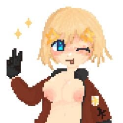 america_(hetalia) animated axis_powers_hetalia big_breasts clothed female_only genderswap_(mtf) happy_female hetalia light_skin no_bra nyo!america peace_sign pixel_art sparkles tits_out tongue_out