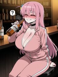 11_22 ? ai_generated bar_(place) beer black_choker blush bocchi_the_rock! bottle choker cleavage closed_eyes drinking drunk embarrassed gotou_hitori hair_ornament heavy_breathing holding_bottle huge_breasts large_breasts long_hair motion_lines nervous_smile pale_skin pink_hair smile spoken_question_mark sweat track_jacket track_pants twitching unzipped