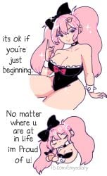 2020s big_ass black_eyes bow choker cleavage english_text frog hair_clips hairbow heart leotard light_skinned_female looking_at_viewer motivational pink_hair potato solo sparkles sparkling_hair spiked_bracelet sweet_potato_(theshunbun) theshunbun thick_ass twintails white_background white_eyelashes wristband