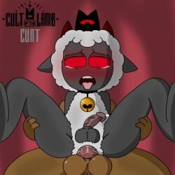 anal black_fur blush cult_of_the_lamb duo furry gay lamb lamb_(cult_of_the_lamb) looking_pleasured on_top penis penis_in_ass red_eyes sheep spanky15 white_fur