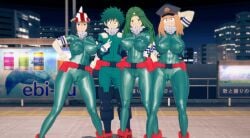 1boy 2girls 3d camie_utsushimi green_outfit hero_outfit_(mha) ibara_shiozaki izuku_midoriya izuku_midoriya_(cosplay) izuku_midoriya_(hero_outfit) my_hero_academia qxdt yui_kodai