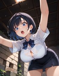 ai_generated bent_over button_gap historyia large_breasts miniskirt open_mouth original original_character school_uniform short_hair the_summoned