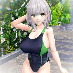 1girls 2023 3d_(artwork) armpit big_breasts cleavage green_eyes hati_yukkuri_mmd hololive hololive_japan human leaves light-skinned_female looking_at_viewer mikumikudance mmd nipple_outline one_arm_up outside shirogane_noel short_hair_female sideboob solo_female solo_focus swimsuit virtual_youtuber white_flower white_hair_female white_outline