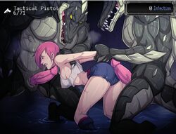 anthro bent_over big_breasts big_dom_small_sub captured clenched_teeth crop_top defeated doggy_style endured_face female from_behind_position game_cg human imminent_oral imminent_rape imminent_sex interspecies larger_male lizard lizardman midriff multiple_boys nipple_bulge overgrown:_genesis partially_submerged penis pink_hair prison_guard_position rape restrained scalie short_shorts shorts size_difference smaller_female spitroast standing standing_sex tank_top wet wet_clothes wrist_grab