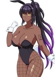 1girls black_hair blue_archive bunny_ears bunnysuit cleavage dark-skinned_female dark_skin female female_only fishnet_legwear gloves karin_(blue_archive) large_breasts ponytail sealllll solo tattoo tattooed_arm wrist_cuffs yellow_eyes