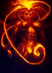 1girls abs balrog_(the_lord_of_the_rings) breasts busty demon demon_girl female female_only fire horns j._r._r._tolkien janrock looking_at_viewer lord_of_the_rings monster_girl muscles muscular muscular_female navel nipples nude orange_eyes red_skin rule_63 solo solo_female whip