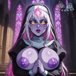 ai_generated big_breasts breasts breasts_out dizelxl evelynn highres large_breasts league_of_legends league_of_legends:_wild_rift looking_at_viewer nun nun's_habit nun_outfit prayer_beads praying purple_body purple_lipstick purple_nipples riot_games watermark white_hair yellow_eyes