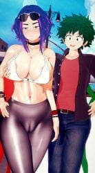 1boy 1girls 3d age_difference blush glasses glasses_on_head green_eyes green_hair groping izuku_midoriya kaina_tsutsumi lady_nagant my_hero_academia older_female older_woman_and_younger_boy purple_eyes purple_hair qxdt sunglasses younger_male