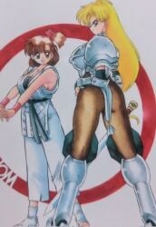 1990s 2girls armor ass big_ass big_breasts blonde_hair blue_eyes breasts brown_eyes busty cleavage confident fat_ass feet female female_only hand_on_hip highres huge_ass janne_d'arc japanese_clothes large_breasts legs long_hair looking_at_viewer looking_back medium_hair multiple_girls open_mouth own_hands_together pants pantyhose pose posing retro_artstyle ryoko_izumo seductive seductive_look sensual sideboob smile snk sword thighs tongue traditional_media voluptuous weapon world_heroes