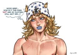 1boy blonde_hair blue_eyes blue_lipstick blush complaining desperation earrings feminine_male hat helpless johnny_joestar jojo's_bizarre_adventure lipstick long_hair looking_away male male_only nipples portrait shy steel_ball_run sweat sweatdrop sweating thought_bubble twink upper_body wet_skin white_background