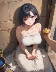 against_wall ai_generated gold_coin historyia large_breasts naked_sheet original original_character outdoors prostitution short_hair the_summoned