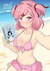 1female 1girls :3 bare_shoulders book breasts doki_doki_literature_club female_focus holding_book matthewpear01 natsuki_(doki_doki_literature_club) navel pink_eyes pink_hair swimwear