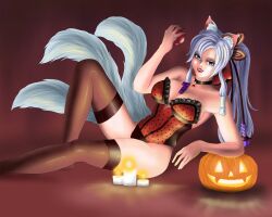 allthefantasies apple candle choker cleavage female female_only fully_clothed png pumpkin revealing_clothes stockings thighhighs white_hair