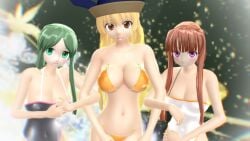 2023 3d 3girls belly_button bikini black_swimsuit blonde_hair_female blur blurry_background breasts brown_eyes brown_hair_female cleavage deity god green_eyes green_hair_female hat hati_yukkuri_mmd headwear hidden_star_in_four_seasons holding holding_arms human light-skinned_female long_hair_female looking_at_viewer mikumikudance mmd nishida_satono okina_matara orange_bikini pink_eyes smiling_at_viewer swimsuit teireida_mai touhou trio_focus white_swimsuit