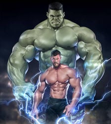 2boys abs avengers bara chris_hemsworth gay green-skinned_male green_skin hulk hulk_(series) human light-skinned_male light_skin lightning male male_only marvel marvel_cinematic_universe muscular six_pack size_difference superhero thor:_ragnarok thor_(marvel) thor_(series) yaoi