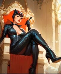 ai_generated bangs batman_(series) black_latex_boots black_latex_catsuit catsuit catwoman choker dc dc_comics femdom high_heels latex latex_boots latex_catsuit latex_suit looking_at_viewer sexy sitting sitting_on_chair tagme throne viviai