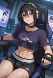 1futa abs ai_generated avatar_legends avatar_the_last_airbender choker futanari gaming gaming_chair gloves greentime high_resolution highres muscular muscular_futanari short_hair shorts small_breasts solo_futa toph_bei_fong