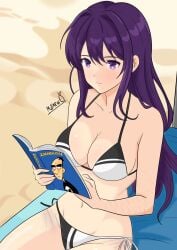 1female 1girls bare_shoulders bikini bikini_bottom bikini_top breasts cleavage doki_doki_literature_club female_focus healed_scars long_hair matthewpear01 purple_eyes purple_hair scar scars swimwear yuri_(doki_doki_literature_club)