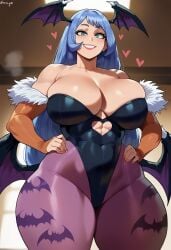 1girls ai_generated big_breasts blue_eyes blue_hair breasts cosplay darkstalkers female female_only head_wings huge_breasts large_breasts long_hair morrigan_aensland morrigan_aensland_(cosplay) my_hero_academia nejire_hado rayasox red_lipstick smile wings