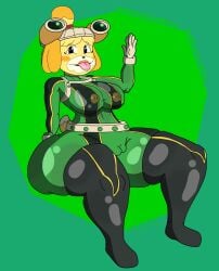 animal_crossing anthro asui_tsuyu_(cosplay) blush bodysuit boku_no_hero_academia cosplay costume dog_ears dog_girl dog_tail doubutsu_no_mori female green_outfit isabelle_(animal_crossing) looking_at_viewer my_hero_academia nintendo nipples_visible_through_clothing notagoodguy1_(autor) october shizue_(doubutsu_no_mori) shortstack shortstack-tober sitting small_female thick thick_ass thick_hips thick_thighs tight_clothing tongue_out tsuyu_asui_(cosplay) yellow_fur