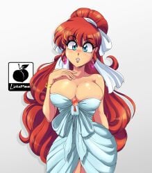 1girls bracelet breasts busty canon_genderswap cleavage clothing dress eyeshadow female female_only genderswap_(mtf) linkartoon lipstick makeup ponytail ranma-chan ranma_1/2 ranma_saotome red_hair solo voluptuous white_dress