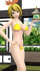 1girls 2023 3d bikini blush hati_yukkuri_mmd headwear indoors inside light-skinned_female looking_at_viewer lotus mikumikudance mmd orange_hair orange_string_bikini ornament pagoda short_hair_female solo_female solo_focus swimsuit tiger toramaru_shou touhou tree undefined_fantastic_object yellow_bikini yellow_hair youkai