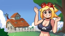 anthro belly belly_button big_breasts blonde_female blonde_hair blush breasts cleavage gijinka goggles goggles_on_forehead goggles_on_head human humanoid lykan_starlight plant plant_girl plant_humanoid plants_vs_zombies pvz smile solar_flare_(pvz) tagme tank_top