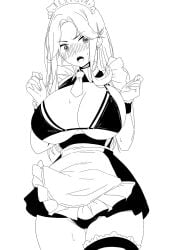 1girls black_and_white breasts clothed clothing embarrassed gimmins7457844 headdress huge_breasts luxeed maid maid_headdress maid_uniform monochrome nose_blush open_mouth sweat uniform vrecord