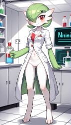 1girls 2024 ai_generated anthro blushing bottomless bottomless_female digitigrade female female_only gardevoir generation_3_pokemon hi_res indoors innie_pussy labcoat looking_at_viewer nintendo pokemon pokemon_(species) pussy red_eyes scientist smile white_body