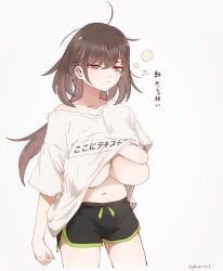 1girls artist_name belly_button breasts brown_hair female female_only glassy0302 grey_eyes huge_breasts japanese_text light-skinned_female light_skin no_bra original shorts simple_background solo t-shirt text tired usum_(glassy0302) waking_up white_background