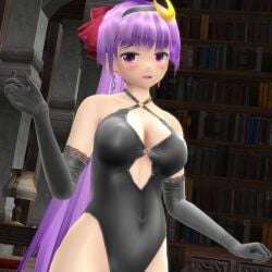 1girls 2023 3d_(artwork) armwear black_armwear black_leotard blush cleavage cresent_moon earrings embodiment_of_scarlet_devil hati_yukkuri_mmd headband human indoors inside leotard library light-skinned_female long_hair_female looking_at_viewer mikumikudance mmd patchouli_knowledge purple_eyes purple_hair_female red_ribbon solo_female solo_focus touhou