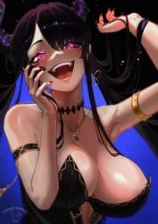 1girls armpit black_hair black_nails blush bracelet breasts clothed clothing dopeybunni earring fangs female female_only hololive hololive_english_-advent- hololive_japan horns huge_breasts jewelry light-skinned_female light_skin necklaces nerissa_ravencroft open_mouth pink_eyes solo virtual_youtuber