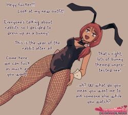 1girls bunny_ears bunny_ears_(cosmetic) bunnysuit detached_collar dialogue english_text female female_only fishnets hasselnut hi_res long_hair my_neighbour_is_a_bunny_demon neck_ribbon playboy_bunny red_eyes red_hair simple_background solo wrist_cuffs zoy_(my_neighbour_is_a_bunny_demon)