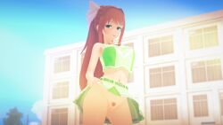 3d cheerleader doki_doki_literature_club ecxreaper flashing_pussy human human_only light-skinned_female light_skin looking_at_viewer monika_(doki_doki_literature_club) showing_off showing_pussy skirt skirt_lift skirt_up