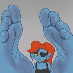 1girls angry angry_face anonymous_artist anthro anthro_only black_clothing blue_body blue_skin digital_drawing_(artwork) digital_media_(artwork) dirty_feet eyepatch feet female female_only fin_ears fish foot_fetish foot_focus gray_background monster_girl ponytail pov red_hair soles undertale undertale_(series) undyne wiggling_toes yellow_eyes yellow_teeth