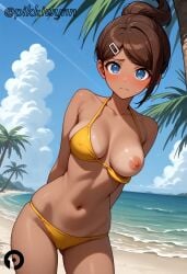 ai_generated arms_behind_back asahina_aoi ass_visible_through_thighs bangs bare_shoulders beach bikini blue_eyes blue_sky blush breasts brown_hair cameltoe closed_mouth cloud collarbone covered_nipples cowboy_shot danganronpa dark-skinned_female dark_skin day female hair_ornament hairclip large_breasts looking_at_viewer medium_breasts navel nipple_slip nipples ocean one_breast_out outdoors palm_tree parted_bangs pikkiwynn ponytail short_hair skindentation sky solo standing stomach swimsuit tan tree water yellow_bikini