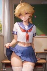 1boy acw aether_(genshin_impact) ai_generated blonde_hair braid classroom cowboy_shot crossdressing cute_male ear_ring femboy feminine_male genshin_impact girly heart indoors lifting_shirt long_hair looking_at_viewer male_focus male_only midriff panties pinup sailor_collar school_uniform skirt smile solo thighhighs trap upskirt