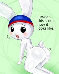 1boy aged_up anthro ass big_ass black_eyes blush blushing blushing_at_viewer bubble_ass bubble_butt bunny cap embarrassed embarrassed_male first_porn_of_character first_porn_of_franchise goo_(copyright) guppyon guppyon_(guppyon) looking_at_viewer nec-12 no_visible_genitalia rabbit rabbit_tail text white_body