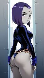 1girls ai_generated ass ass_focus ass_grab leotard papagaimon purple_hair raven_(dc) simple_background teen_titans