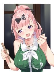 arami_o_8 bare_arms bare_shoulders black_bow blue_eyes blunt_bangs blush border bow breasts bukkake chopsticks commentary_request cum cum_on_body cum_on_breasts cum_on_clothes cum_on_hair facial_hair female fujiwara_chika green_shirt hairbow heart heart-shaped_pupils holding holding_chopsticks incoming_food kaguya-sama_wa_kokurasetai_~tensai-tachi_no_renai_zunousen~ large_breasts long_hair open_mouth outside_border pink_hair ponytail shirt sleeveless sleeveless_shirt smile solo symbol-shaped_pupils upper_body white_border